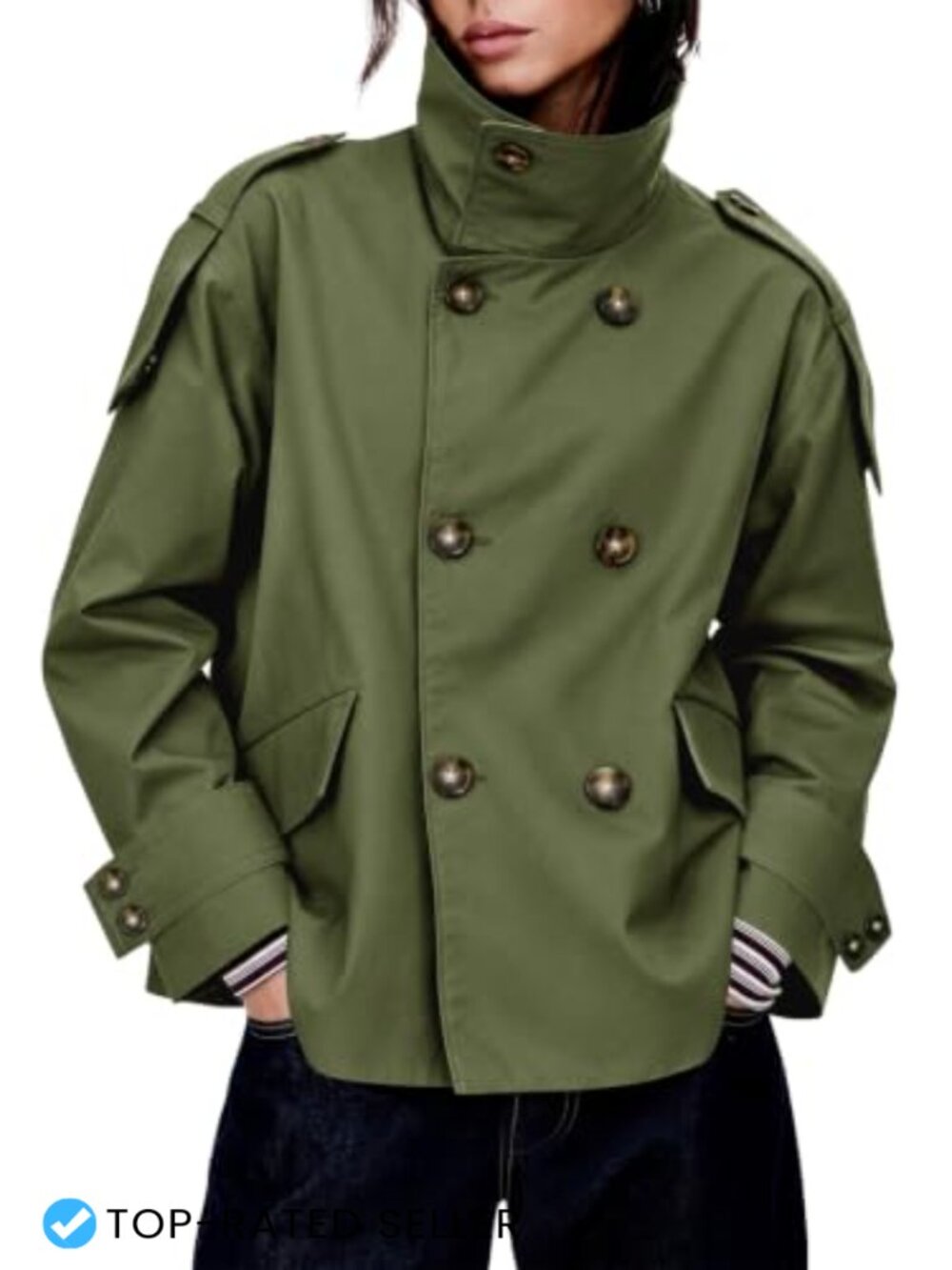 Women's Cropped Trench Coat Double Breasted Oversized Casual Jacket